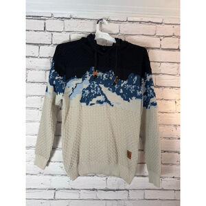 Mens Mountain Avalanche Knit Hooded Sweater Hoodie Blue & Tan size Large